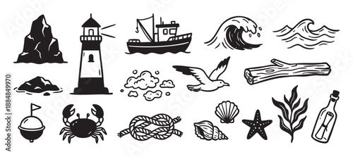 Hand-drawn nautical and marine life icons in a black silhouette style, including a lighthouse, fishing boat, crab, seagull, waves, and seashells for a coastal design theme