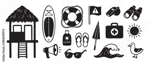 Black and white hand-drawn set of lifeguard and beach safety icons including a tower, lifebuoy, surfboard, and first aid kit in a simple doodle style illustration
