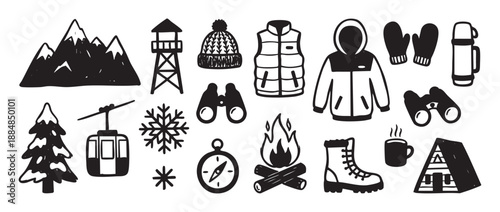 Hand-drawn black and white winter adventure icons set showing mountains, warm clothing, and camping equipment in a simple doodle style illustration