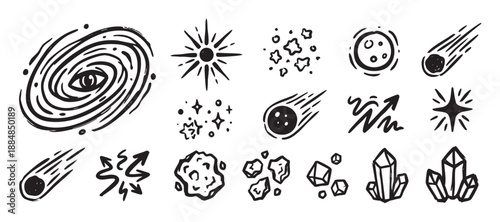 Hand-drawn set of black celestial icons featuring a galaxy with an eye, stars, comets, asteroids, and magic crystals in a rough, sketchy doodle illustration style