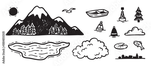 Collection of hand-drawn nature and travel icons in a black and white doodle style, featuring a mountain, lake, boat, pine trees, fish, and various nautical elements