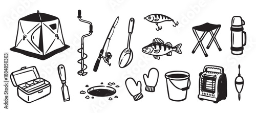 Set of black and white ice fishing equipment icons including a tent, auger, rod, and fish, hand-drawn in a simple doodle style for winter hobby and sport concepts
