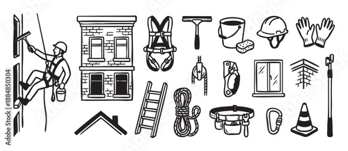 Set of hand-drawn line art icons representing high-rise window cleaning and industrial rope access work, including a worker, safety harness, squeegee, bucket, and climbing gear