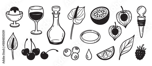 Hand-drawn black and white doodle set of various food, drink, and nature elements including wine, ice cream, passion fruit, cherry, and flowers in a simple sketch style illustration