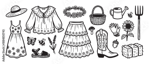 Collection of hand-drawn cottagecore illustrations featuring rustic clothing, farming tools, and nature elements in a charming black and white line art style for a country aesthetic