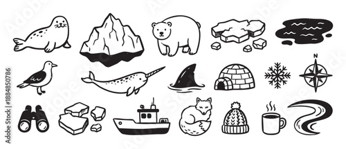Collection of hand-drawn arctic icons featuring a polar bear, seal, narwhal, fox, and other northern wildlife and exploration symbols in a simple black and white doodle style