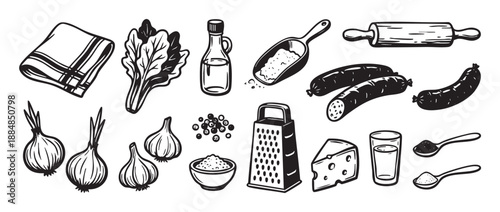 Hand-drawn set of food ingredients and kitchen utensils for cooking, featuring sausage, cheese, vegetables, and spices in a black and white monochrome sketch style illustration