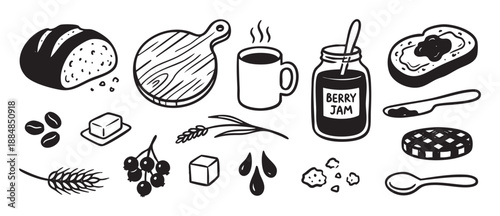 Hand drawn black and white breakfast food illustrations featuring bread, berry jam, a coffee mug, butter, toast, and a cutting board in a simple doodle sketch style collection