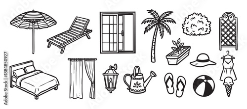 Collection of hand-drawn summer and home icons including a palm tree, beach umbrella, bed, and watering can in a simple black and white doodle style illustration set