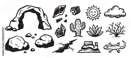Collection of hand drawn desert nature icons in a black and white sketch style, featuring a cactus, smiling sun, rock arch, lizard, butte, and other western elements