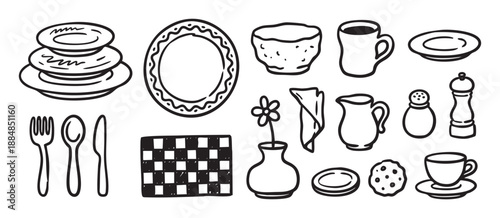 Hand-drawn black and white kitchenware icon set featuring various doodle-style illustrations of plates, cutlery, cups, and other tableware items for a charming, rustic dining concept