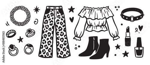 Hand-drawn black and white fashion illustration set with leopard print pants, a ruffled blouse, ankle boots, and makeup accessories in a trendy doodle style for a Y2K aesthetic