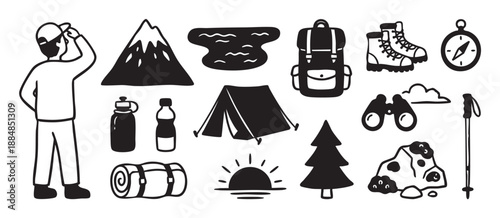 Set of black hand-drawn hiking and camping icons including a backpack, tent, mountain, and compass in a simple, minimalist doodle style illustration for outdoor themes
