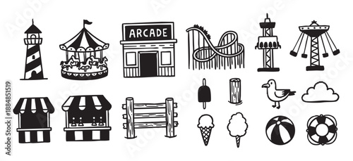 Set of hand-drawn amusement park icons featuring a roller coaster, carousel, arcade, and lighthouse in a simple black and white doodle style for summer vacation themes