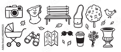 Hand-drawn black and white doodle icons set for park life, travel, and leisure themes, featuring a camera, bench, map, coffee cup, and baby carriage in a simple line art style