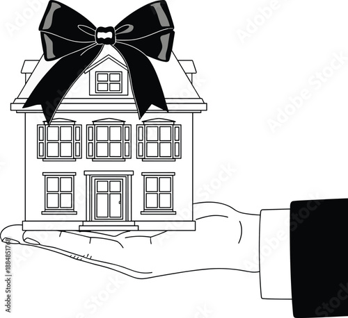 House in hand illustration, gift bow on roof, symbolic homeownership concept, real estate clipart, black line vector drawing