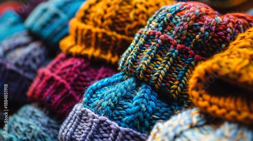 A photo of a selection of colorful knit caps.