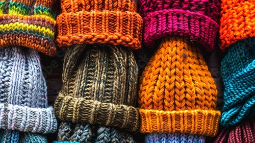 A photo of a selection of colorful knit caps.