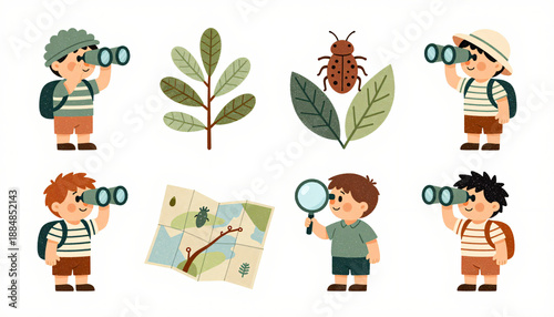 Kids exploring nature with binoculars and magnifying glass illustration set