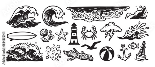 Hand-drawn black and white nautical icon set with various sea and beach elements like ocean waves, a lighthouse, anchor, crab, and surfboard in a graphic vintage illustration style