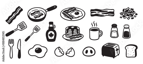 Collection of black and white breakfast food icons including bacon, eggs, pancakes, toast, and coffee, presented in a simple, bold, hand-drawn graphic illustration style