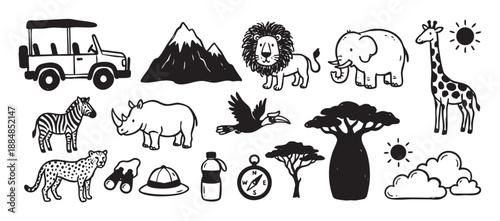 Collection of hand-drawn safari icons featuring wild animals, a jeep, and travel equipment in a simple black and white doodle style for adventure and exploration themes