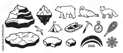 Set of hand-drawn arctic exploration icons including a polar bear, seal, fox, iceberg, tent, and compass, illustrated in a simple monochrome sketch style for adventure concepts