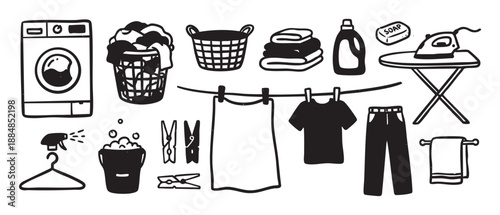 Hand-drawn laundry and cleaning icon set with a washing machine, iron, clothesline, and detergent in a simple black and white doodle style for household chores