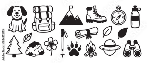 Hand-drawn set of black and white hiking and camping icons including a backpack, compass, dog, and mountain, rendered in a simple doodle style illustration for outdoor themes