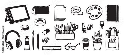 Black and white doodle set of art supplies and creative tools for a designer, including a graphics tablet, palette, sketchbook, pens, and headphones in a hand-drawn illustration style