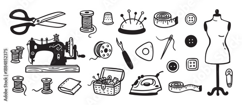 Collection of black and white sewing tools and tailoring equipment in a hand-drawn doodle style, including a vintage machine, scissors, thread, buttons, and a mannequin for crafting