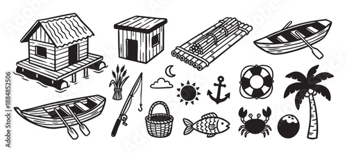 Collection of black and white fishing and tropical island icons in a hand-drawn woodcut style, featuring a stilt house, boat, palm tree, crab, and anchor illustration set