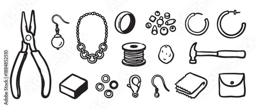 Hand-drawn black and white icon set of jewelry making tools and supplies, including pliers, beads, clasps, and a hammer, in a simple doodle sketch style
