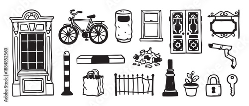 Hand-drawn black and white urban objects collection featuring a bicycle, window, door, trash, and other street elements in a simple doodle style for graphic design projects