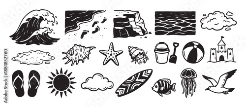 Set of hand drawn beach icons featuring a wave, sun, sandcastle, and marine animals in a black and white doodle style for summer vacation and travel themes