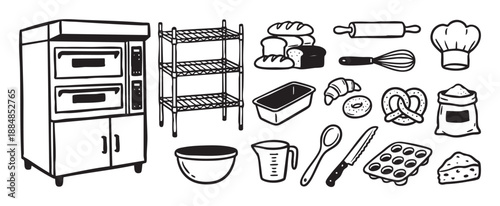 Set of bakery and baking equipment icons including an oven, rack, bread, and tools in a hand-drawn black and white doodle style illustration for culinary or food concepts
