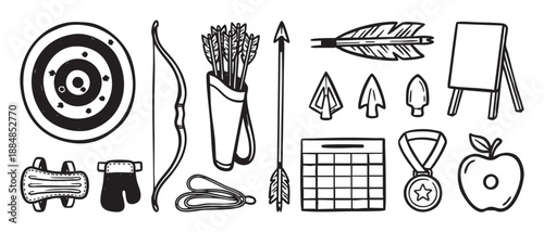 Hand-drawn collection of archery equipment icons including a target, bow, arrows, quiver, medal, and arm guard in a simple black and white doodle style for sports concepts