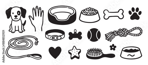 Set of hand-drawn dog care icons featuring a puppy, leash, collar, food bowl, toys, and grooming accessories in a simple black and white doodle illustration style