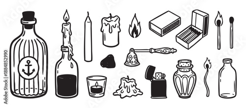 Collection of vintage hand-drawn doodle icons featuring candles, matches, bottles with corks, a lighter, and a flame, illustrated in a simple black and white graphic sketch style