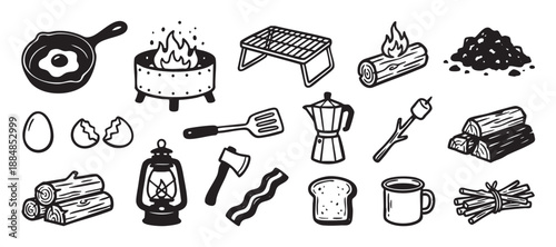 Set of hand-drawn camping icons featuring a campfire, lantern, axe, firewood, and outdoor cooking equipment like a skillet and coffee pot in a simple black and white graphic style