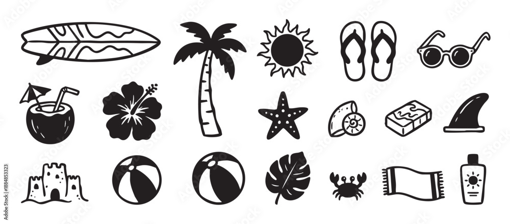 Obraz premium Collection of hand-drawn summer beach icons featuring a surfboard, palm tree, sun, and coconut drink in a simple black and white doodle illustration style
