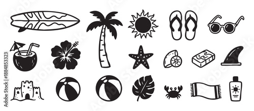 Collection of hand-drawn summer beach icons featuring a surfboard, palm tree, sun, and coconut drink in a simple black and white doodle illustration style