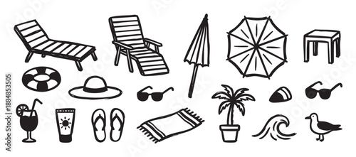 Collection of hand-drawn black summer beach icons including a lounge chair, umbrella, sunglasses, and cocktail in a simple doodle sketch style for vacation concepts