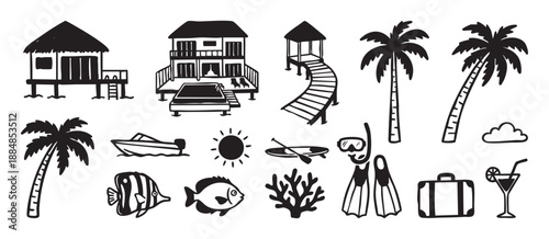 Set of hand-drawn tropical vacation icons including bungalows, palm trees, fish, and snorkeling gear, presented in a simple black and white doodle style for travel concepts