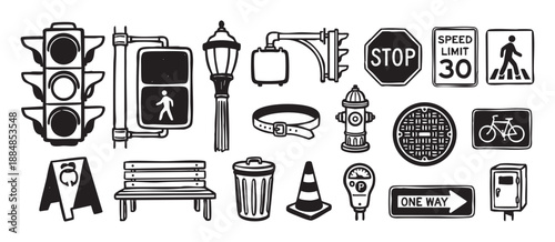 Set of various urban street life icons drawn in a bold black and white linocut style featuring a traffic light, stop sign, parking meter, and fire hydrant