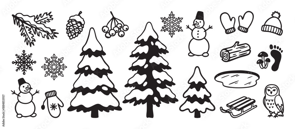 Fototapeta premium Collection of hand-drawn winter forest elements in a simple black and white doodle style, including snowy trees, a snowman, snowflakes, an owl, a sled, and festive holiday icons