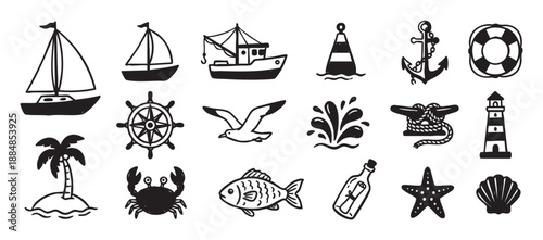 Hand-drawn nautical and marine icon set with a sailboat, anchor, lighthouse, ship's wheel, crab, and fish, presented as a collection of simple black and white sketch illustrations
