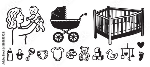 Set of hand-drawn black and white baby icons showing a mother and child, pram, crib, bottle, pacifier, and toys in a simple, charming woodcut illustration style