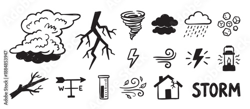 Set of hand-drawn weather icons showing storm elements like lightning, tornado, rain, and wind in a simple black and white doodle style illustration for meteorological concepts