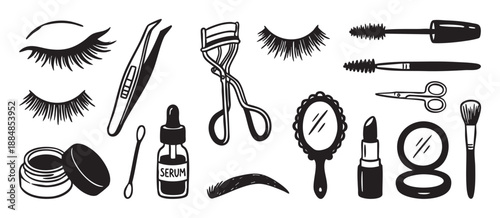 Hand-drawn black and white set of makeup and beauty tools including mascara, lipstick, false eyelashes, and a mirror in a simple doodle illustration style for cosmetic concepts